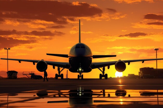 Photo une silhouette d'un avion de cargo contre un coucher de soleil prêt au décollage