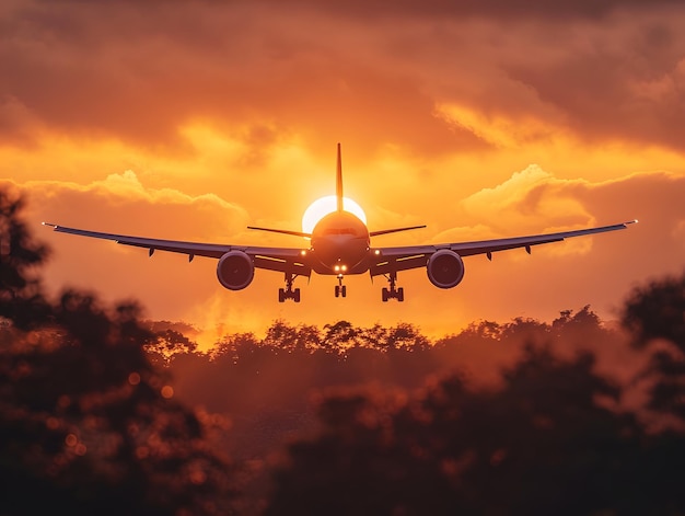 Silhouette d'avion sur un ciel de coucher de soleil vibrant représentant des thèmes de voyage et d'aventure