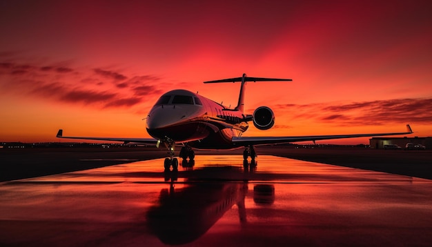 Photo silhouette d'un avion de fret décollant au crépuscule éclairé par le coucher du soleil généré par l'intelligence artificielle