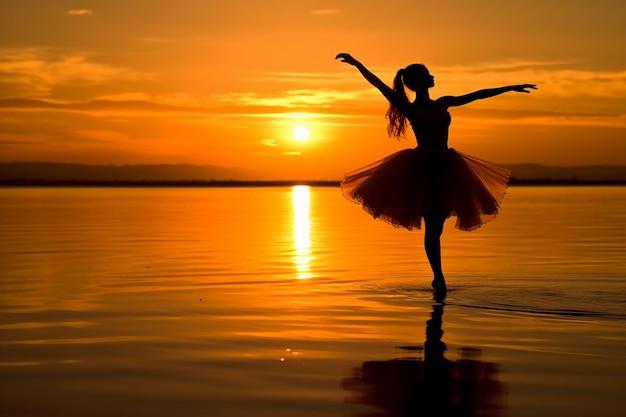 la silhouette d'une ballerine sur la plage au coucher du soleil