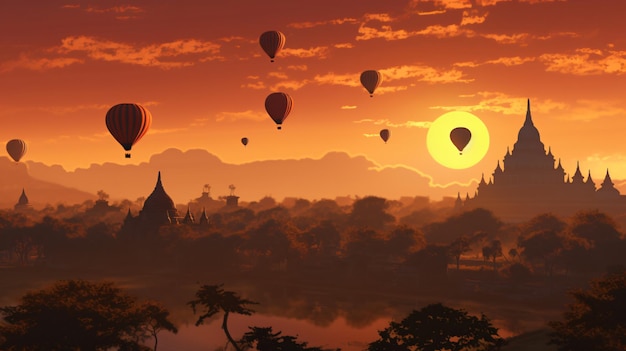 Silhouette de ballons à air chaud survolant les temples