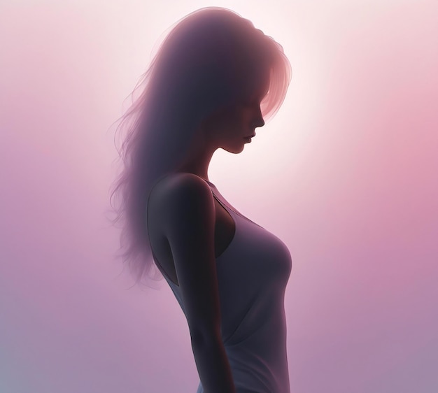 Silhouette d'une belle femme aux cheveux longs sur un fond rose