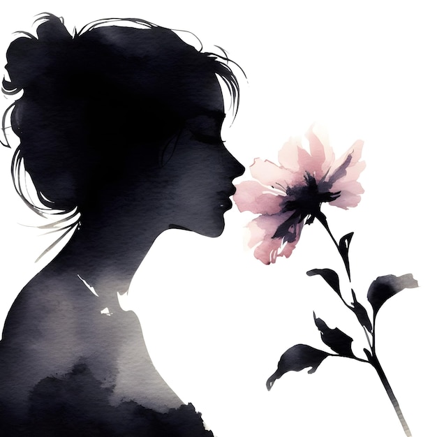 Photo silhouette d'une belle fille avec une fleur sur un fond blanc