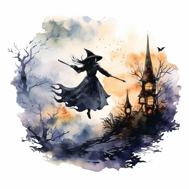 Silhouette d'une belle sorcière avec un balai Fond pour la fantaisie et la magie d'Halloween