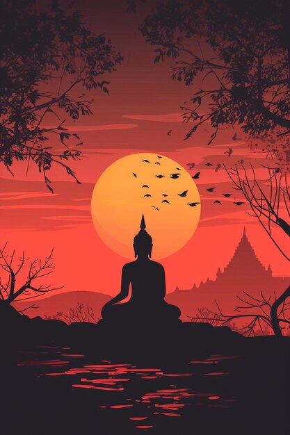 La silhouette de Bouddha sur le fond du coucher de soleil.