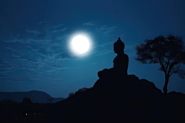 Silhouette de bouddha méditant sous la pleine lune AI générative