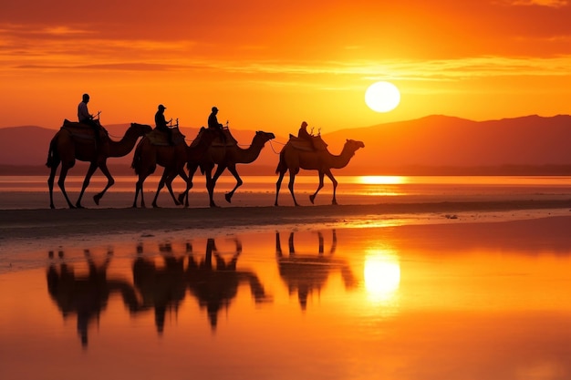Silhouette de bouvier menant une caravane de chameaux sur le sentier génératif par Ai