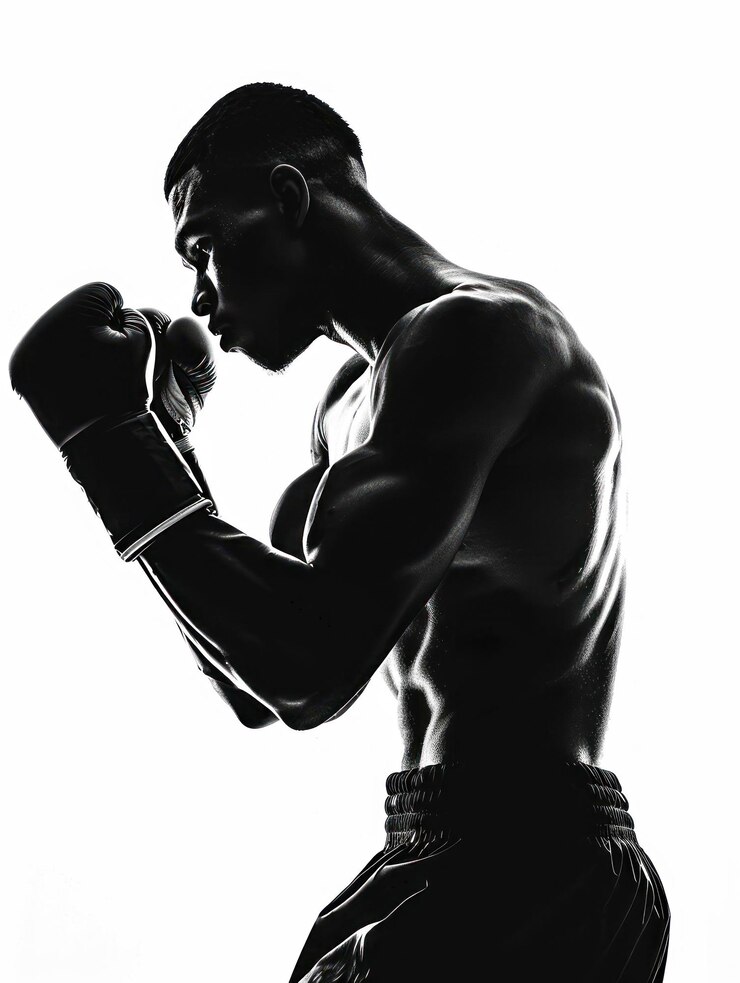 Silhouette d'un boxeur musclé en position de combat