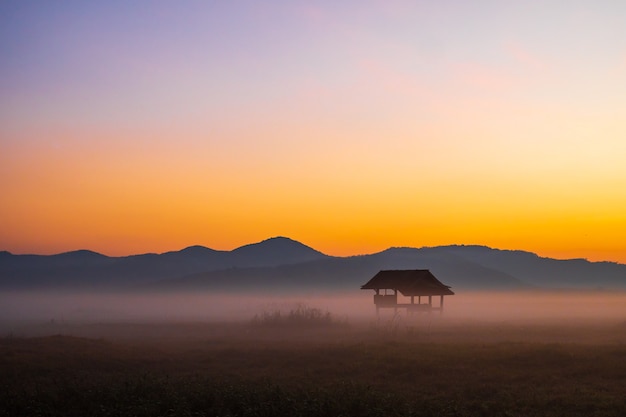 Silhouette de cabane sur le pré et la brume matinale