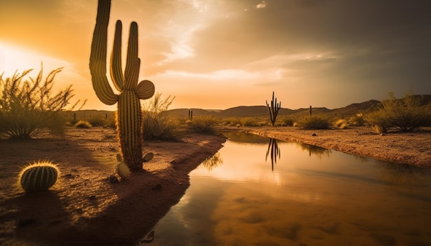 Silhouette de cactus saguaro à la réflexion du coucher du soleil générée par l'IA