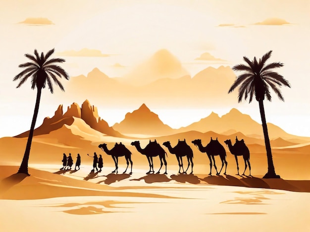 La silhouette d'une caravane de chameaux dans le désert au coucher du soleil