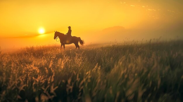 La silhouette d'un cavalier au lever du soleil