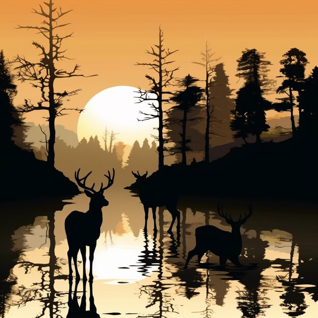 Photo silhouette d'un cerf et un cerf dans un lac au coucher du soleil