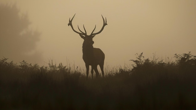 Silhouette de cerf rouge dans la brume