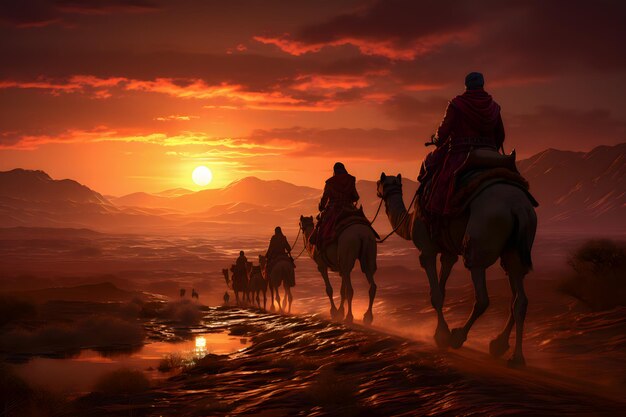 Photo silhouette de chameaux dans le désert