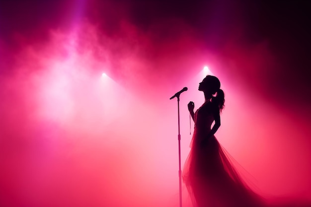 Silhouette de chanteuse sur scène avec des lumières roses