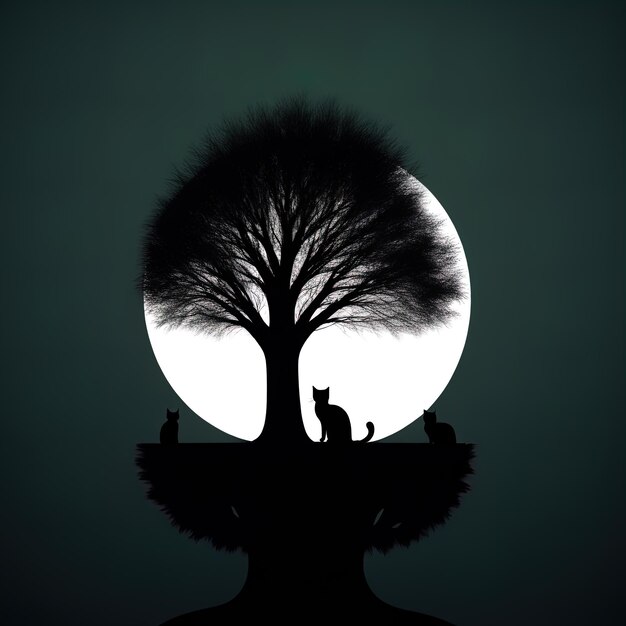 silhouette de chat dans la nuit noire silhouette de chat et arbre sur la lune