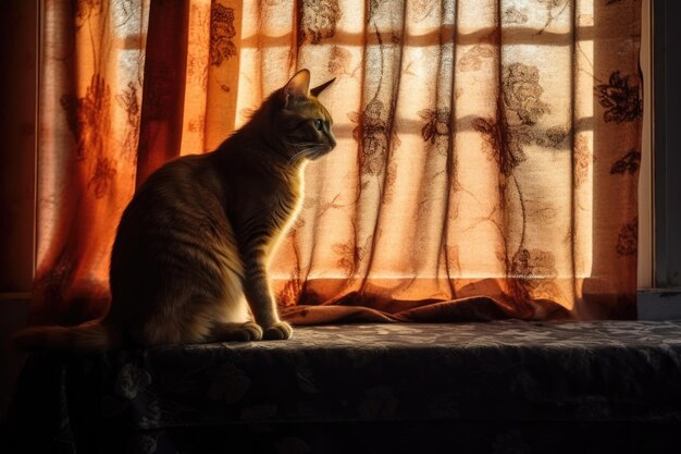 Silhouette de chat perchée sur le rebord de la fenêtre derrière un rideau créé avec une IA générative