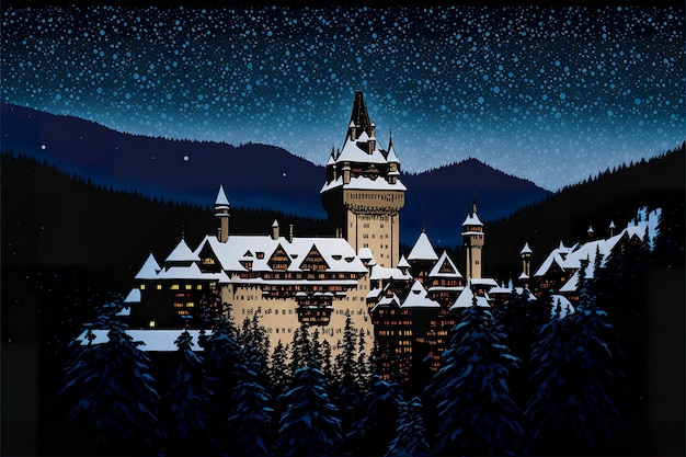Silhouette de château en hiver la nuit illustration