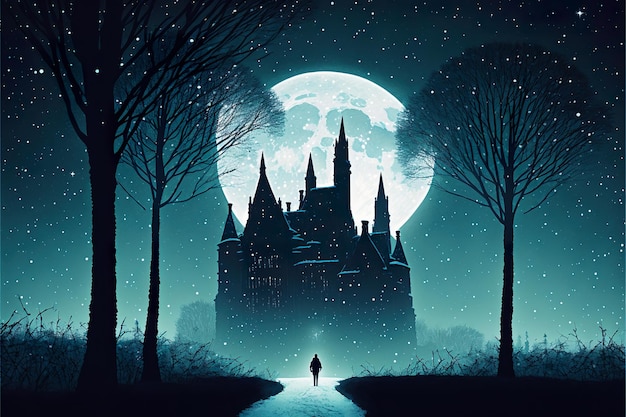 Silhouette de château en hiver la nuit illustration