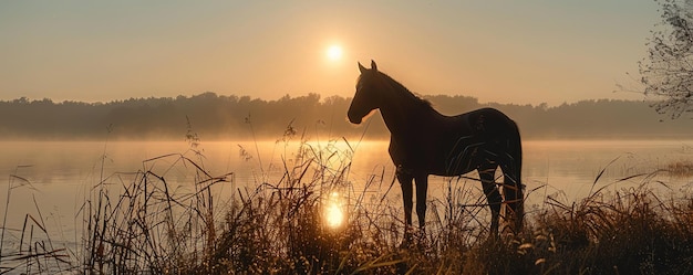 Silhouette d'un cheval sur le rivage d'un lac