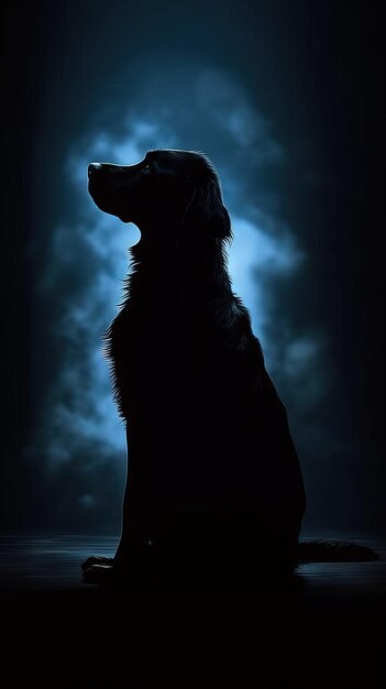 Photo silhouette d'un chien sur un fond sombre ai générative