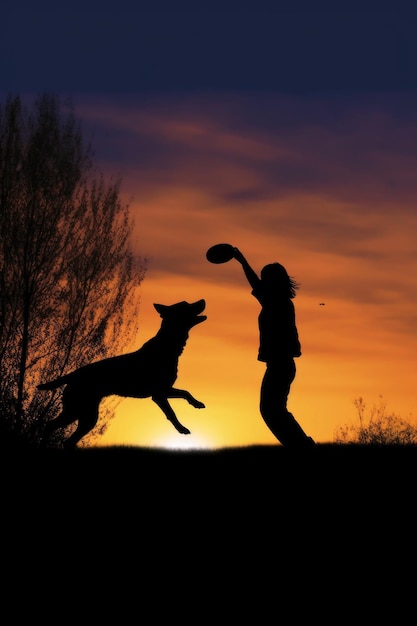 Photo silhouette d'un chien sautant pour attraper un frisbee créé avec une ia générative