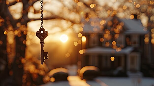 Silhouette de clé vintage contre l'immobilier Golden Sunset