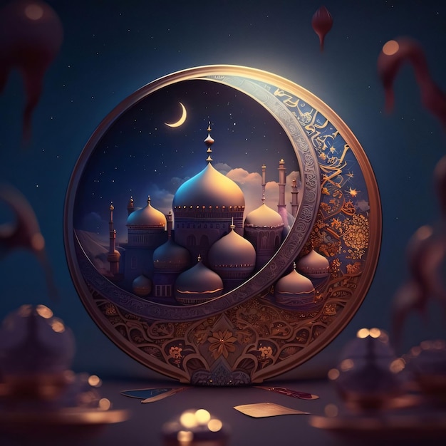 Silhouette conceptuelle de la mosquée en cercle décorée d'un croissant de lune avec des ornements floues à l'arrière-plan sombre La mosquée comme lieu de prière pour les musulmans