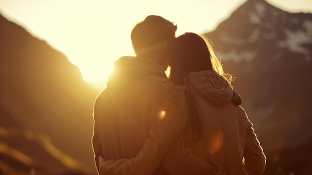 Silhouetté contre le coucher du soleil, un couple s'embrasse le dos à la caméra, l'amour l'un pour l'autre.