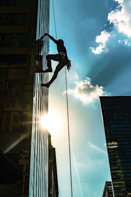 Une silhouette contre l'horizon urbain une figure grimpe à un gratte-ciel symbolisant l'ambition et la détermination