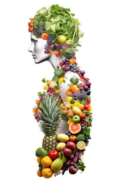 Silhouette d'un corps de femme en bonne santé composé de légumes avec un fond blanc représentant des aliments sains et végétariens Generative AI