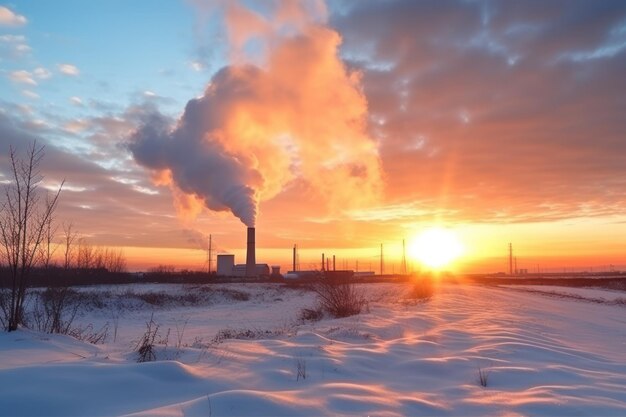 Silhouette de coucher de soleil d'hiver de la centrale électrique Fumée des tuyaux de charbon brûlés