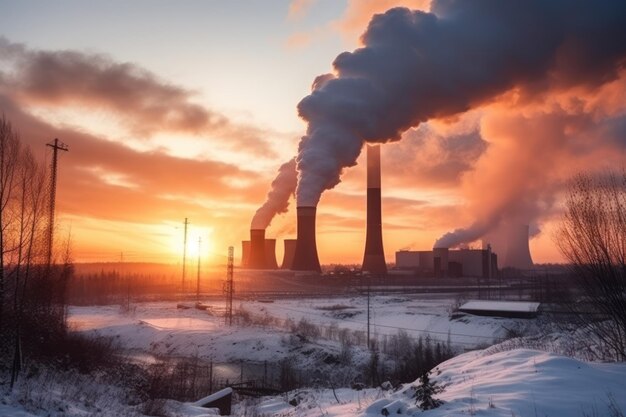 Silhouette de coucher de soleil d'hiver de la centrale électrique Fumée des tuyaux de charbon brûlés