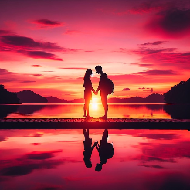 Silhouette d'un couple amoureux contre le coucher de soleil de la ville