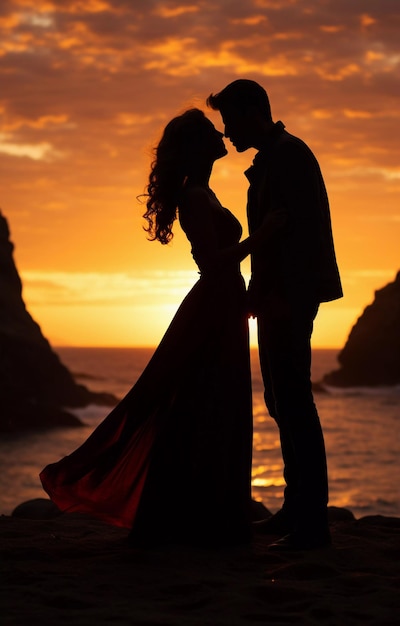 Silhouette d'un couple amoureux sur le fond d'un beau coucher de soleil