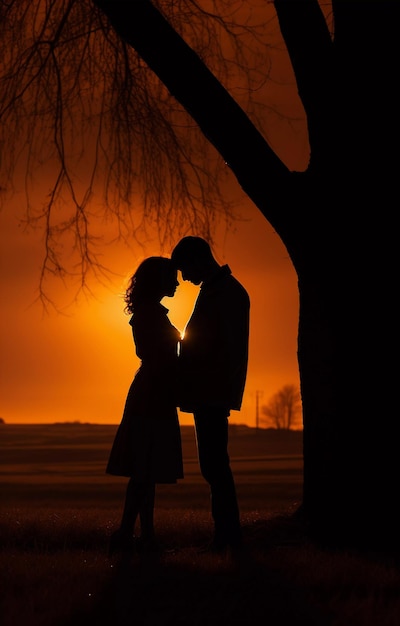 Photo silhouette d'un couple amoureux sur le fond d'un beau coucher de soleil