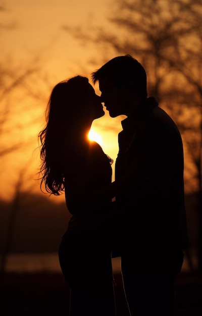 Photo silhouette d'un couple amoureux sur le fond d'un beau coucher de soleil