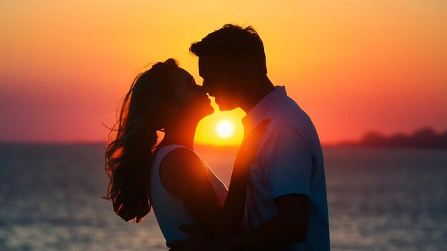 La silhouette d'un couple amoureux s'embrassant au coucher du soleil.