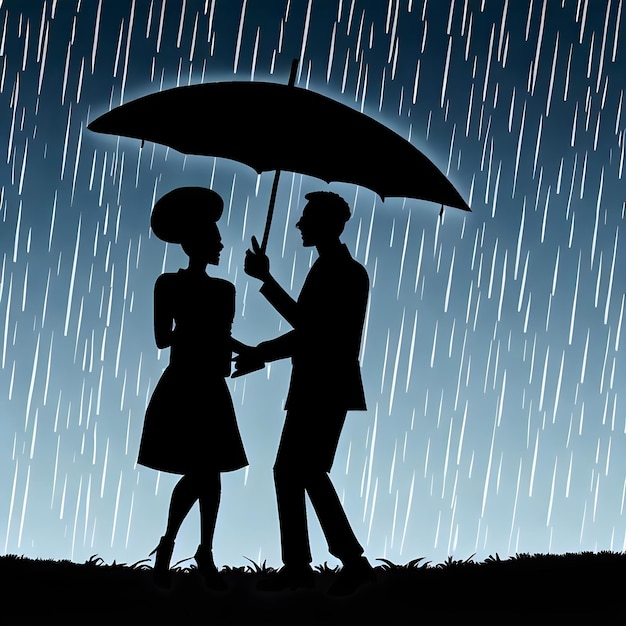 La silhouette d'un couple d'amoureux sous la pluie