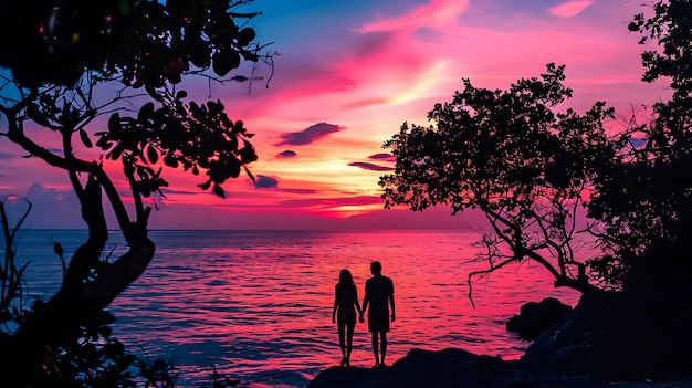 Photo silhouette d'un couple dans la forêt avec la rivière concept de la fête de la saint-valentin