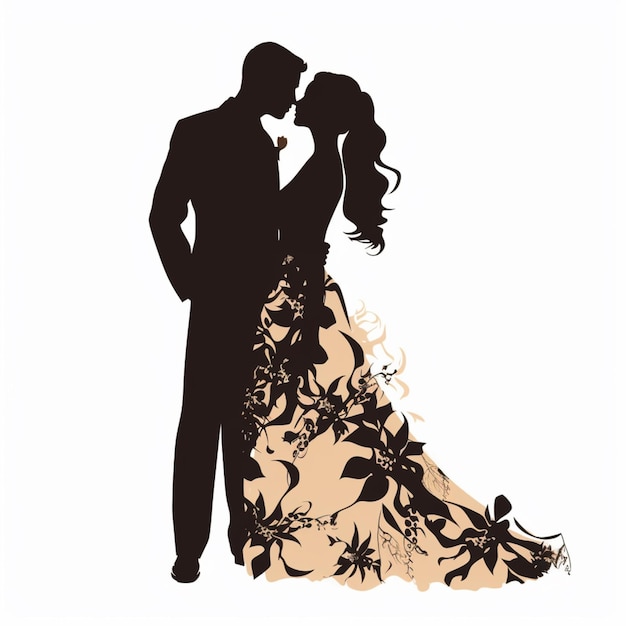 Silhouette d'un couple dans une robe de mariée.