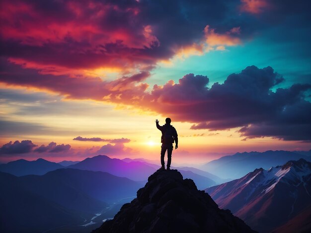 Silhouette d'un couple debout et étendant la main sur le sommet de la montagne pour profiter du ciel coloré