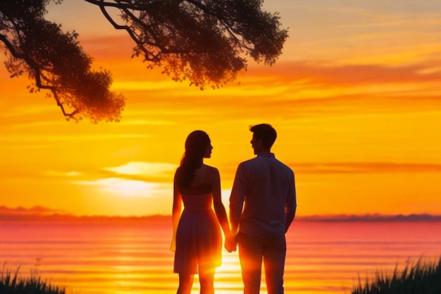 Silhouette d'un couple debout regardant un coucher de soleil tranquille