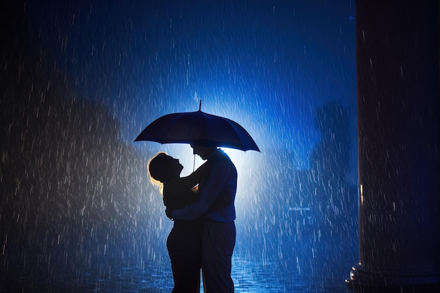 Silhouette un couple debout sous un parapluie sous la pluie