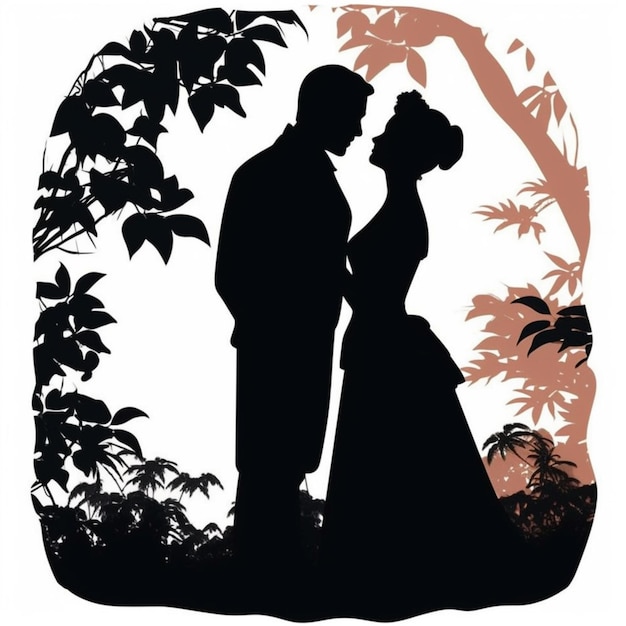 Photo silhouette d'un couple devant des arbres avec des feuilles et les mots 