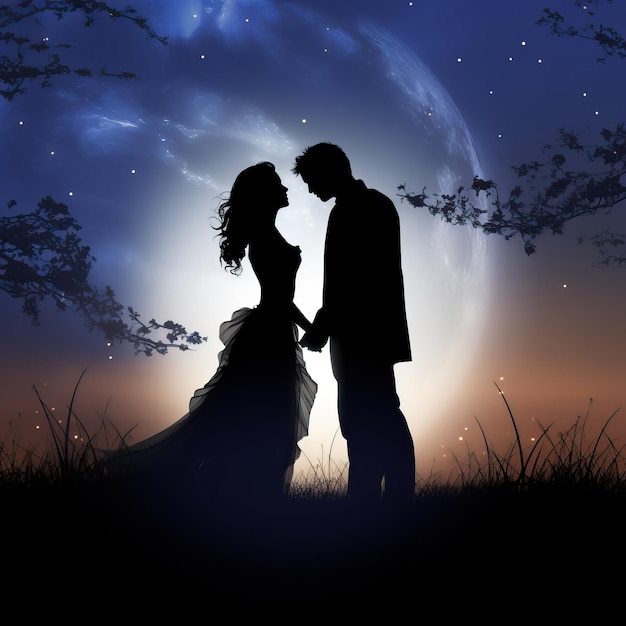une silhouette d'un couple et une lune avec les étoiles derrière eux