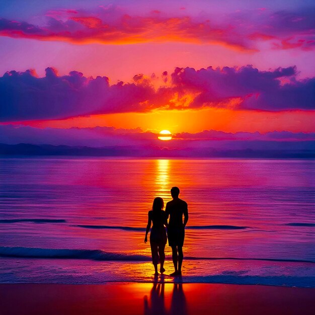 Photo silhouette d'un couple qui se promène sur la plage un beau couple romantique qui se promènent sur la plage au coucher du soleil