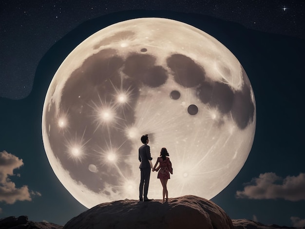 La silhouette d'un couple regardant la pleine lune et s'embrassant