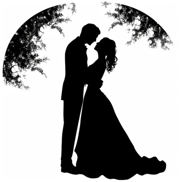 Photo une silhouette d'un couple en robe de mariée avec un arbre derrière eux.